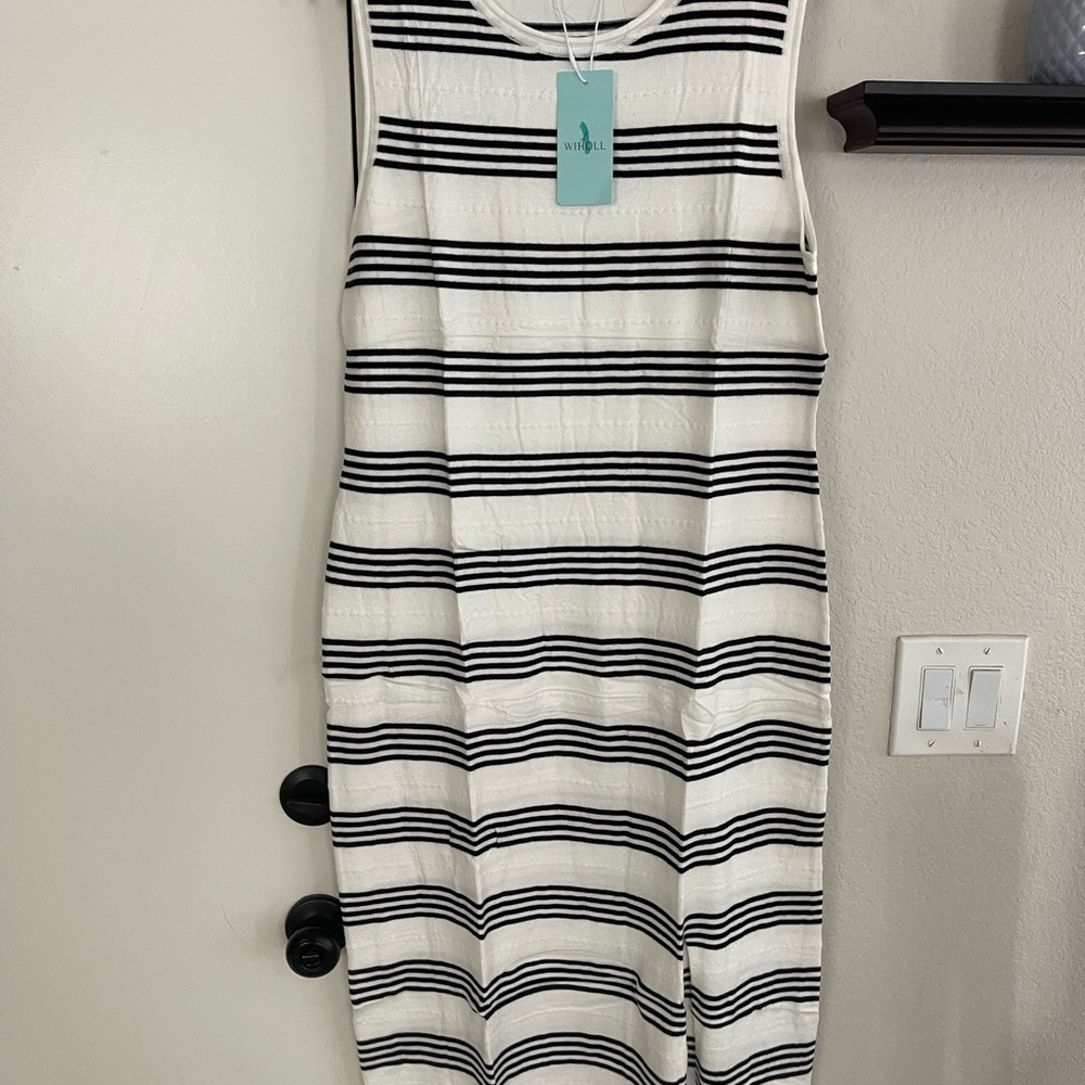 Vince Black and White Striped Midi Dress